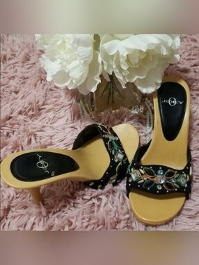 Joey Black Jeweled Boho Slides Heel Sandals Tan Footbed and Multicolor Stones